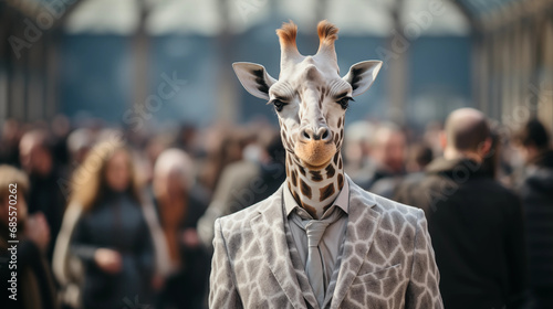 Giraffe in formal business suit at fashion show. Generative AI