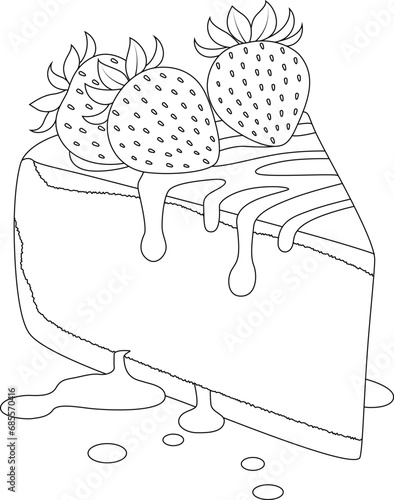 Hand-drawn illustration of strawberry cheesecake coloring page for kids and adults. Food and drink colouring book