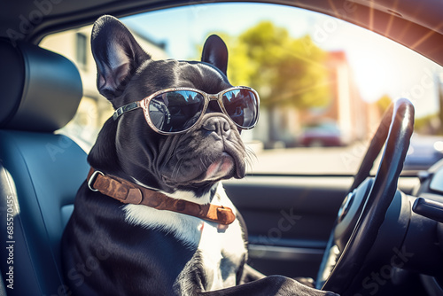 A cool dog is driving a car and wearing sunglasses © h3bs