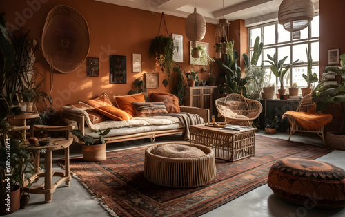 Stylish and modern living room in bohemian style  Generative AI