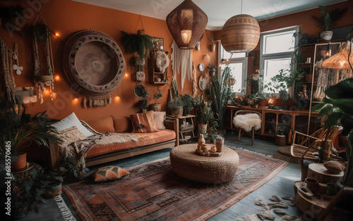 Stylish and modern living room in bohemian style, Generative AI