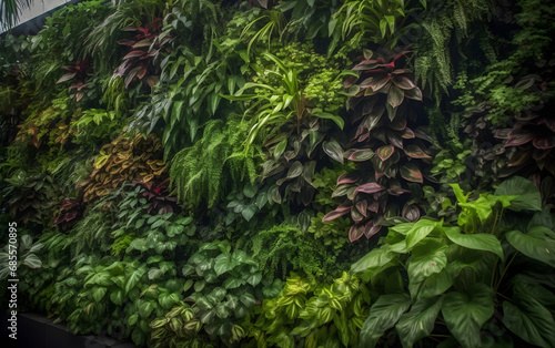 A living wall of lush tropical rainforest foliage plants, Generative AI