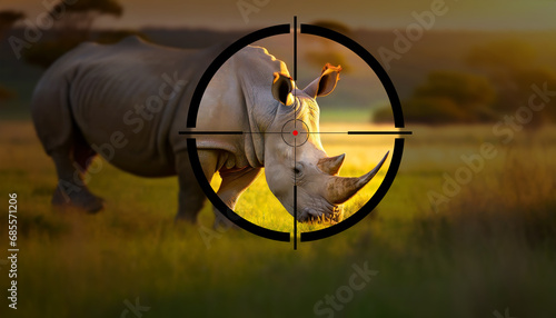 Closeup of a head of a beautiful white rhino in the rifle sight. Protection of endangered species and hunting concept.