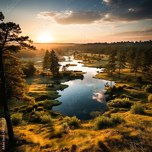 Scenic colourful sunrise over Macquarie river in Dubbo with pelikan birds floating on surface.