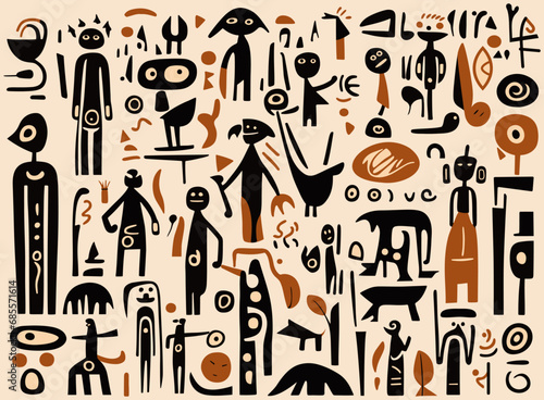 Abstract composition in the style of cave paintings and primitive art