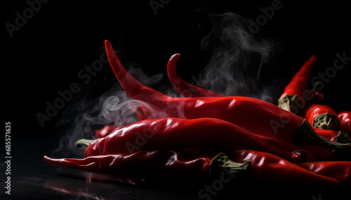 Beam of red chillies with white smoke on table with black background