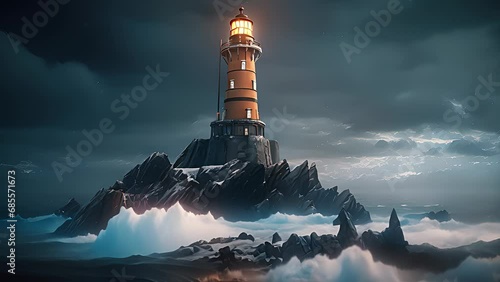 Light from a lighthouse on a stormy sea. Created with Generative AI.