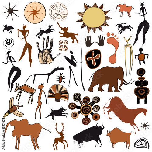 Cave paintings - figures, animals and symbols in the style of cave paintings