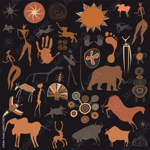 Cave paintings - figures, animals and symbols in the style of cave paintings