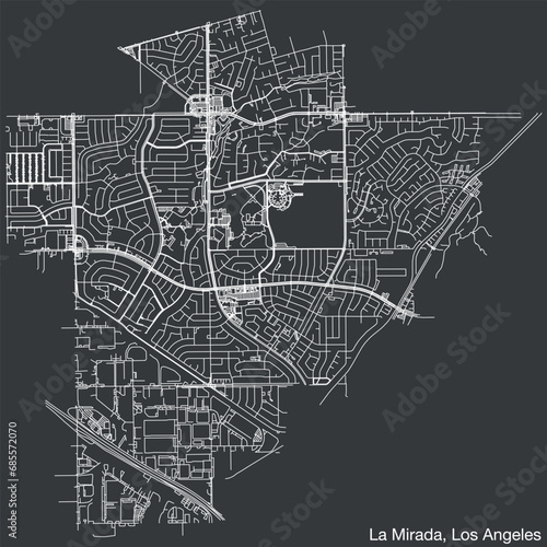Detailed hand-drawn navigational urban street roads map of the CITY OF LA MIRADA of the American LOS ANGELES CITY COUNCIL, UNITED STATES with vivid road lines and name tag on solid background