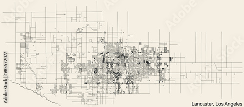 Detailed hand-drawn navigational urban street roads map of the CITY OF LANCASTER of the American LOS ANGELES CITY COUNCIL, UNITED STATES with vivid road lines and name tag on solid background
