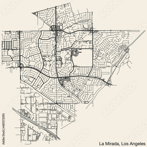 Detailed hand-drawn navigational urban street roads map of the CITY OF LA MIRADA of the American LOS ANGELES CITY COUNCIL, UNITED STATES with vivid road lines and name tag on solid background