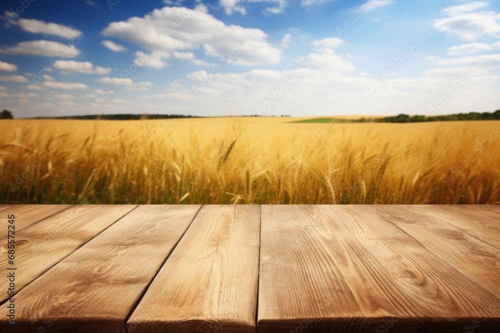 empty wooden table top for product display montages with blurred sunny wheat field view background