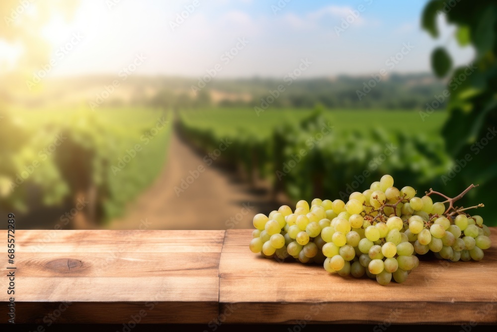 wooden table top with grapes for product display montages with blurred rows of grape bushes background