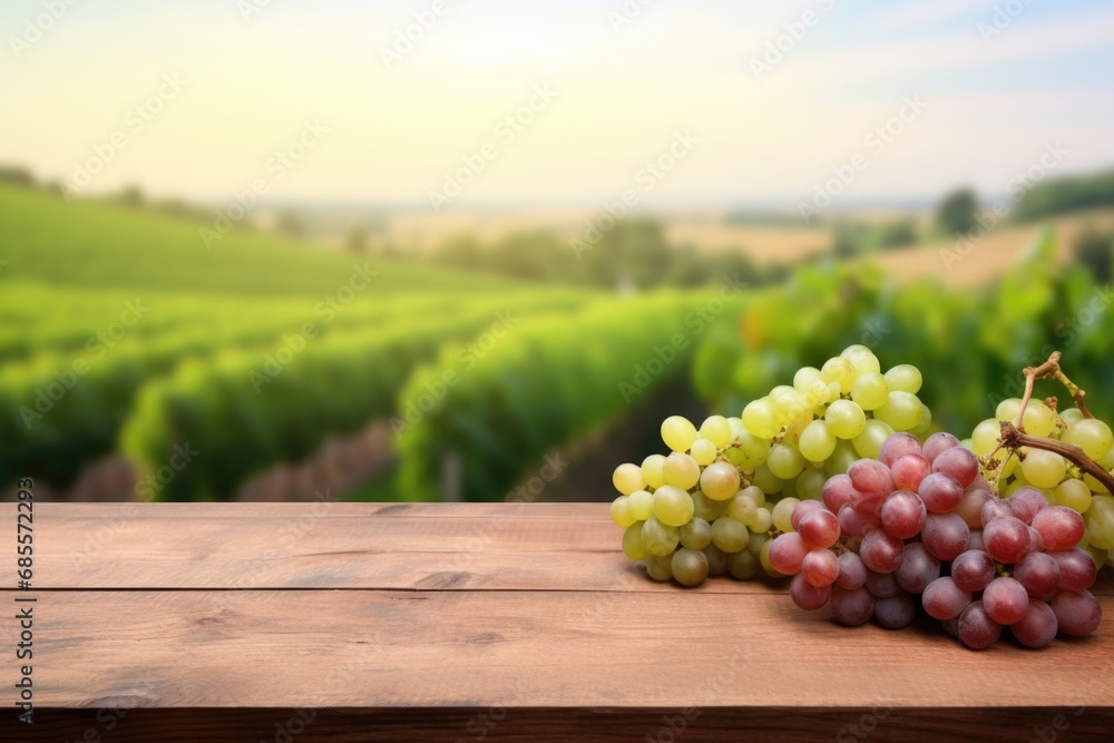 wooden table top with grapes for product display montages with blurred rows of grape bushes background