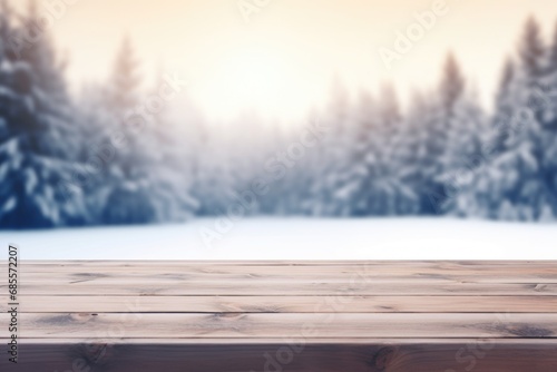 empty wooden table top for product display montages with blurred winter forest background © Anastasia YU