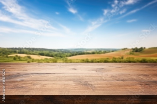 empty wooden table top for product display montages with blurred farm field landscape, contryside photo