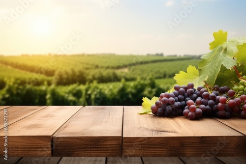 wooden table top with grapes for product display montages with blurred rows of grape bushes background