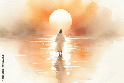 Watercolor illustration of Jesus walking
on water photo