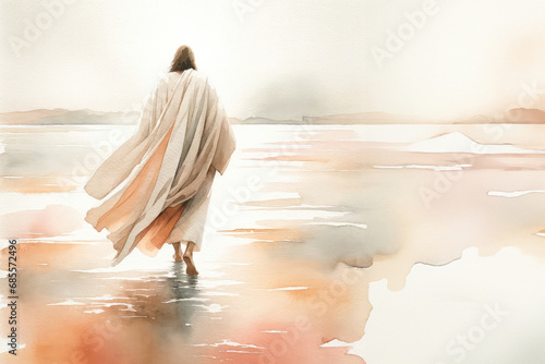 Jesus walking on water. Digital watercolor painting illustration.