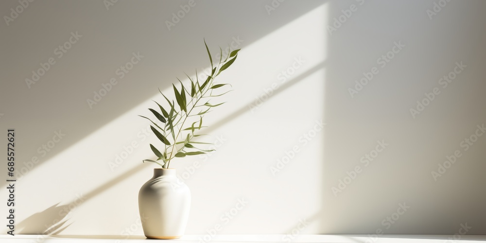 Light summer beige background with a vase and a green plant on the table. Bright sunlight and shadows from the foliage. Light summer beige background with a vase and a green plant on the table. Bright sunlight and shadows from the foliage.