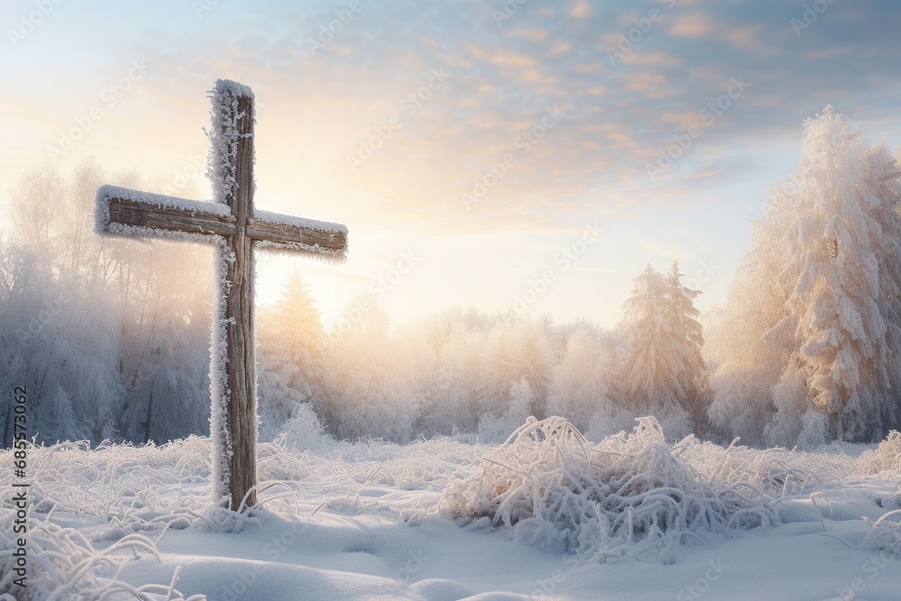 Cross in the winter forest. Christian cross in the snowy forest. Cross in the winter forest. Christian cross in the snowy forest.