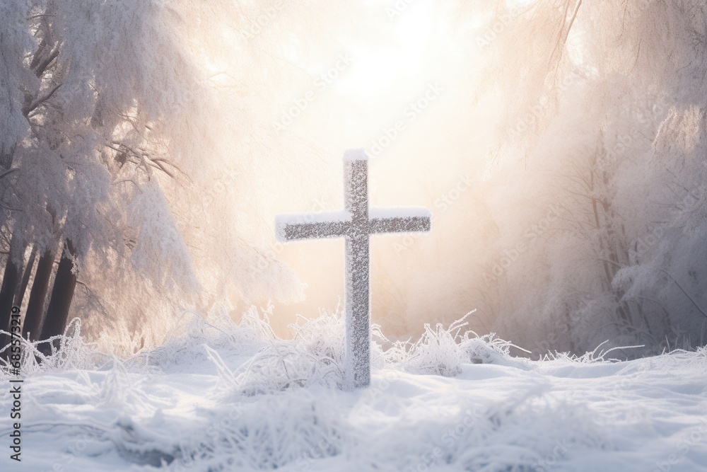 Cross in the winter forest. Christian cross in the snowy forest. Cross in the winter forest. Christian cross in the snowy forest.