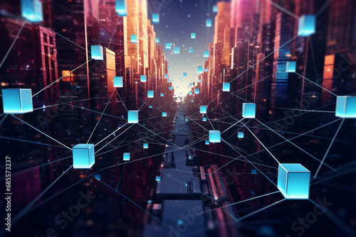 Futuristic Decentralized Blockchain Network in a Cityscape