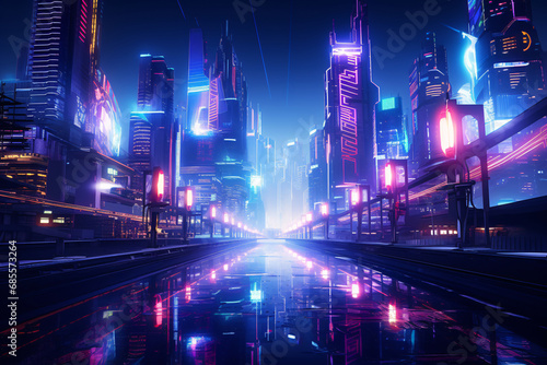 Futuristic Neon Cyberpunk Cityscape. Night City in Neon Lights
