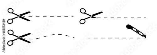 Cut here icon symbol. Cut lines with scissors. Scissors icons set. Scissors for cutting symbol. Vector