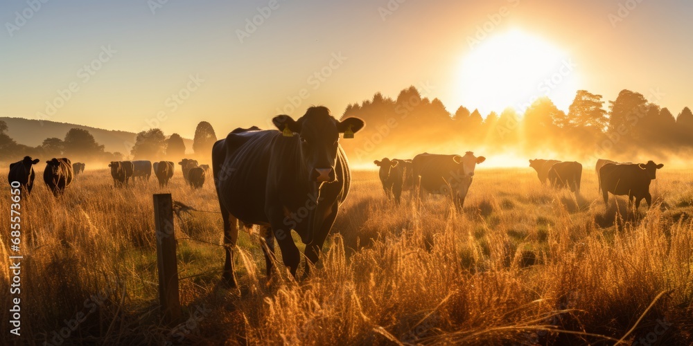 Herd of cows in a field at sunrise Herd of cows in a field at sunrise