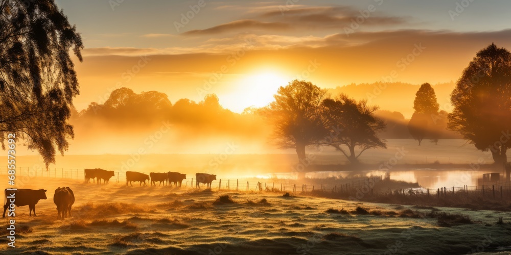 Herd of cows in a field at sunrise