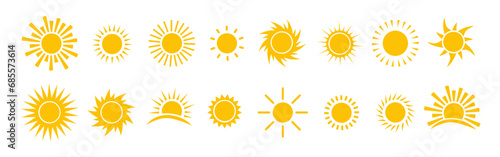 Sun icon vector set. Flat design. Collection of sun stars. Logo or weather icon