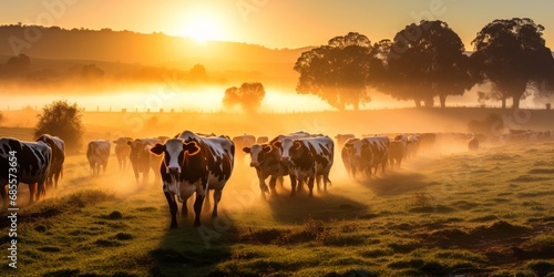 Herd of cows in a field at sunrise
