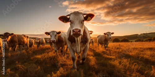 Herd of cows in a field at sunrise photo