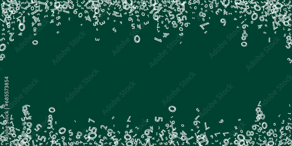 Falling childish chalk numbers. Math study concept with flying digits. Likable back to school mathematics banner on blackboard background. Falling numbers illustration. - obrazy, fototapety, plakaty 