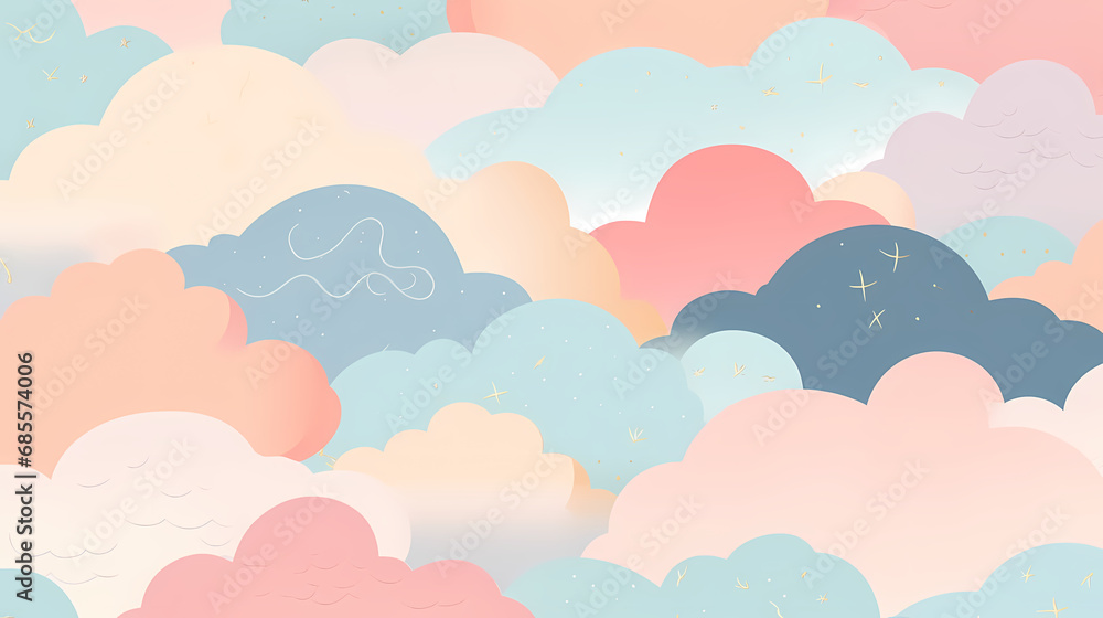 very Cute Clouds pattern, pastel bright colors, Minimalism, Clean lines, Purposeful design, Clarity, Less is more