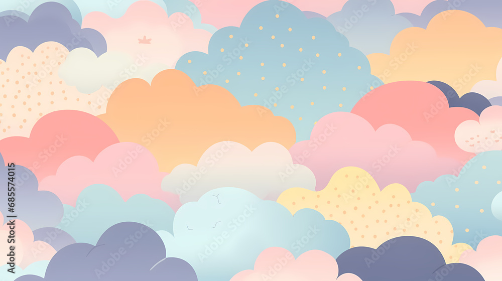 very Cute Clouds pattern, pastel bright colors, Minimalism, Clean lines, Purposeful design, Clarity, Less is more