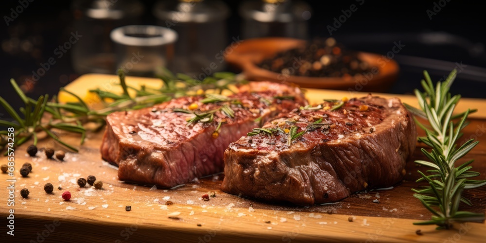 Seasoning steaks on a cutting board