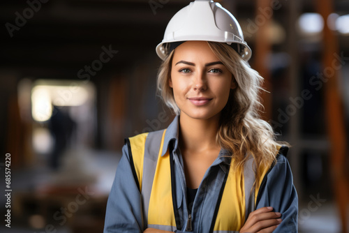 Blond Female construction worker standing in site with crossed arms, positive attitude looking at the camera. 