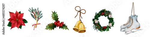 Vector winter illustrations, festive and cute. Christmas decoration, Watercolor. Collection of Vector clip art, bells, winter flowers, skates. Perfect for invitation, card, poster, banner, stickers