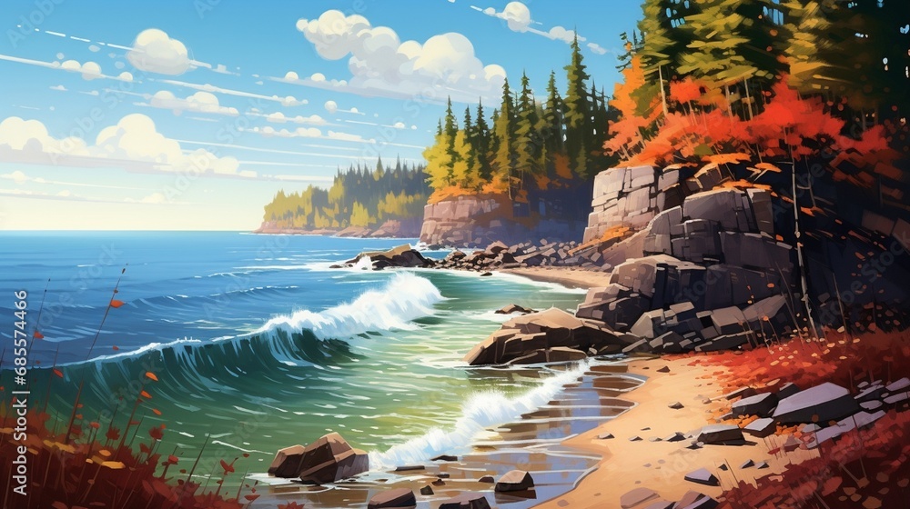 An autumn coastal scene with colorful foliage on the cliffs and a peaceful, rocky beach below.