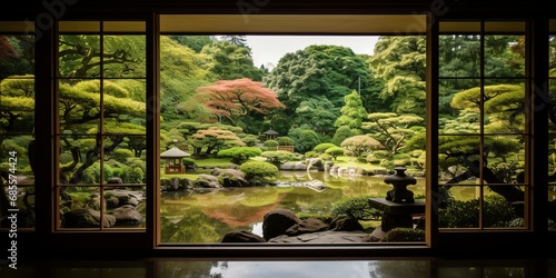 Japanese garden view from a traditional window © ParinApril