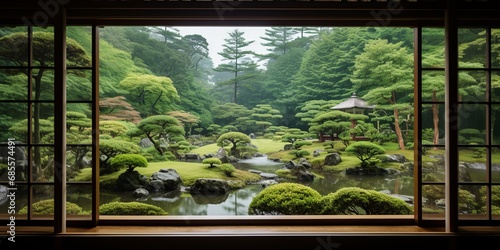 Japanese garden view from a traditional window photo