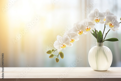 White orchid flower in a glass vase with sunlight on wooden table