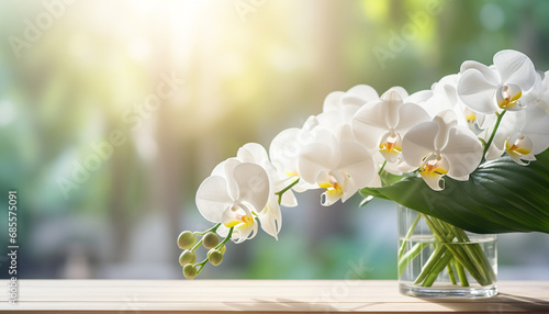 White orchid flower in a glass vase with sunlight on wooden table © patternforstock