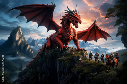 A huge red dragon threatens a medieval group of people photo