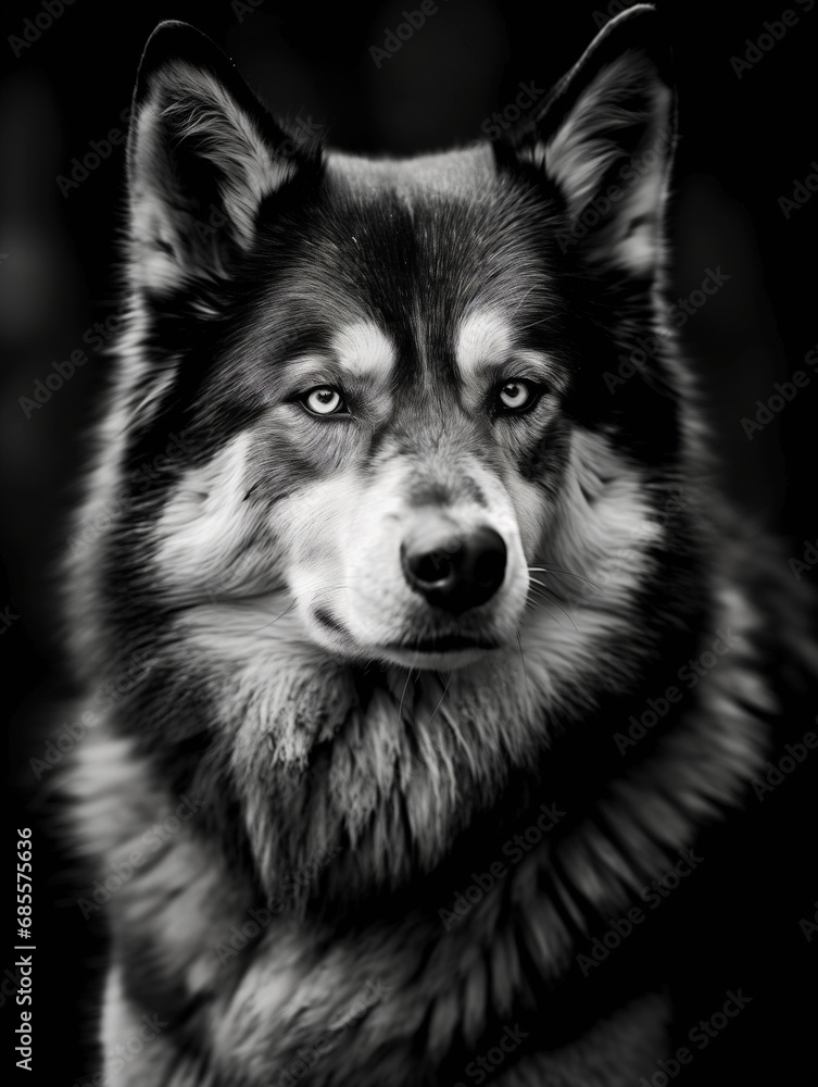 Black and white portrait of a husky