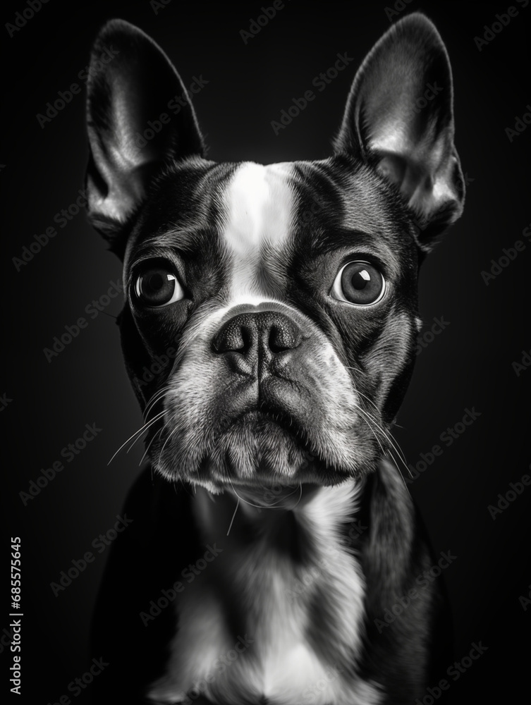 Black and white portrait of a Boston terrier