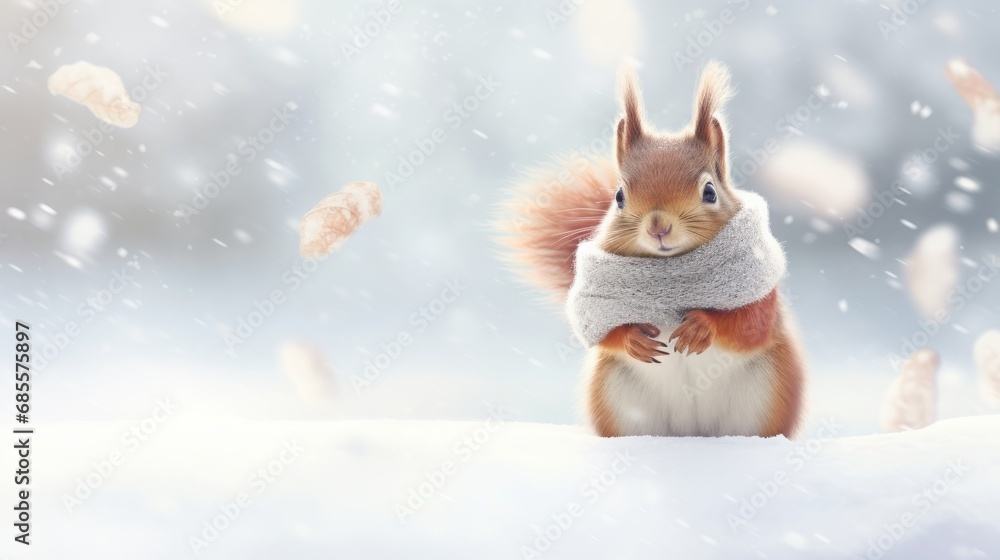 Snowy Morning Squirrels: Cute and Clueless in Scarves. Minimalistic and Detailed Winter Scene. Snowy Morning Squirrels: Cute and Clueless in Scarves. Minimalistic and Detailed Winter Scene.